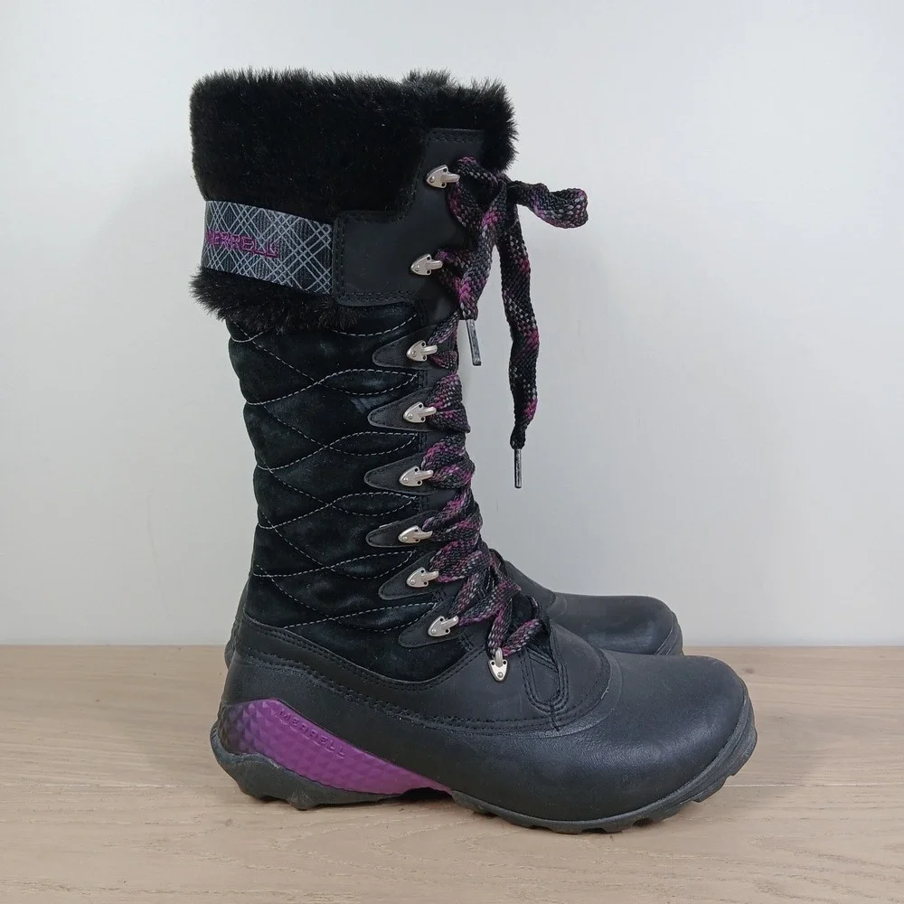 Merrell Winterbelle Peak Boots Women 9 Black Waterproof Fur Lace Up Hiking